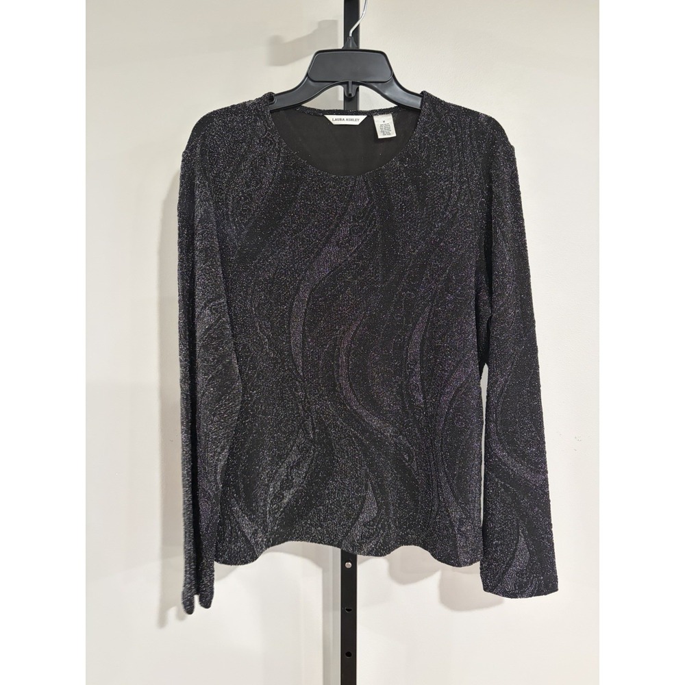 Laura Ashley womens blouse shirt top stretch black silver formal MEDIUM EUC C104